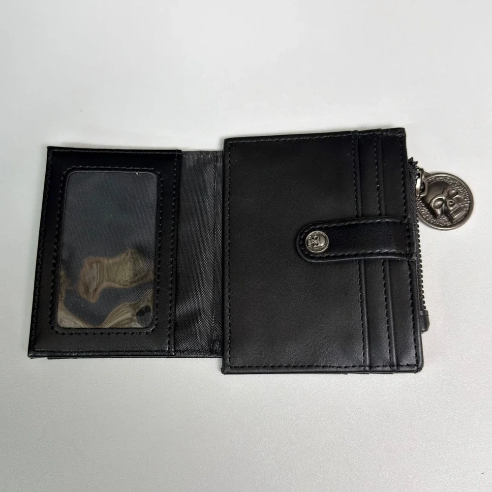 Ed Hardy Black Embossed Monogram Bifold Wallet Skull Zipper Pull ID Window Y2K